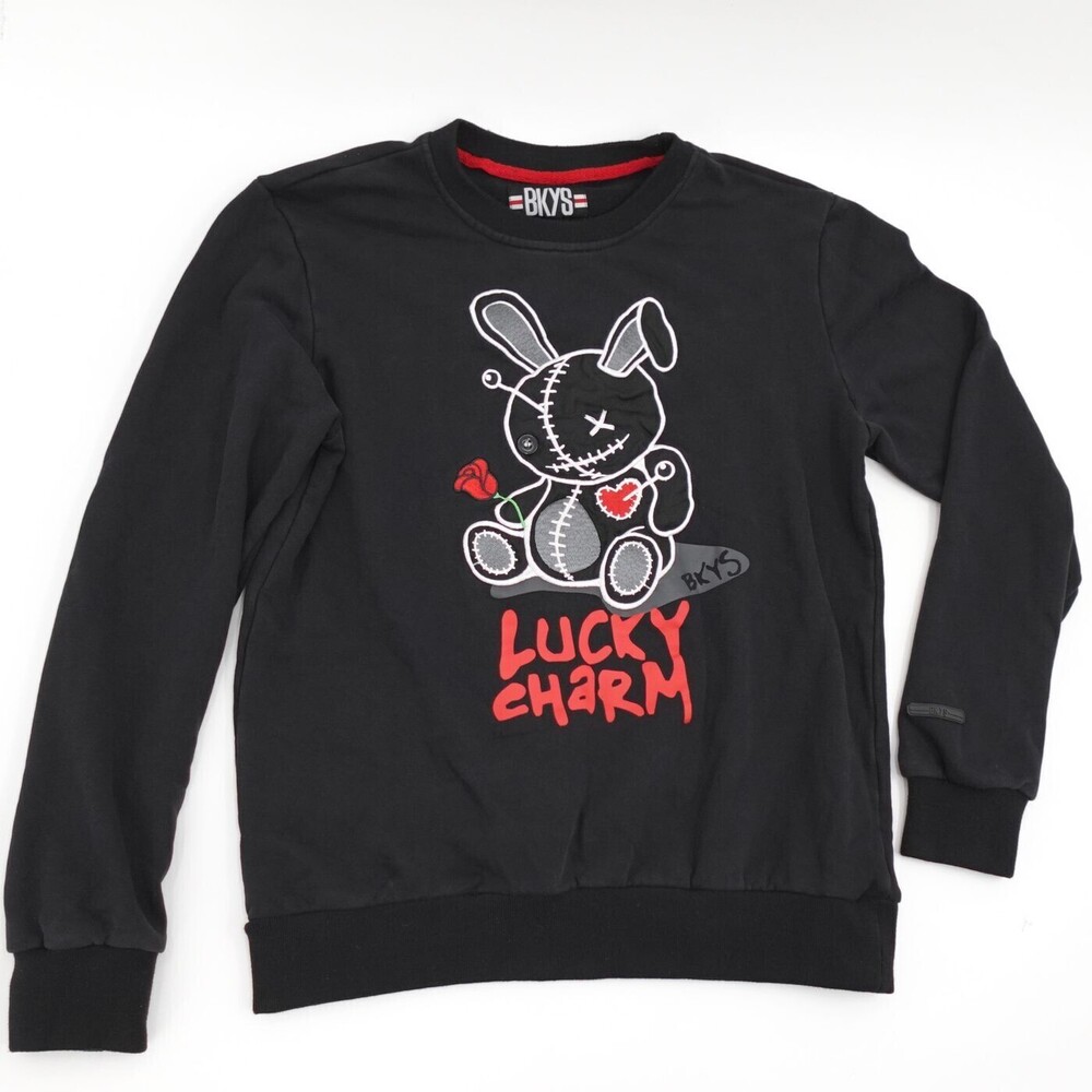 BKYS Sweatshirt Mens Small Black Graphic Lucky Charm Voodoo Bunny Pullover Crew